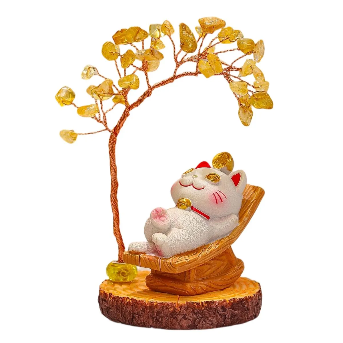 Lucky Cat Crystal Money Tree Figurine – Natural Citrine Fortune Tree Desk Decor, Prosperity Gift for Office & Home